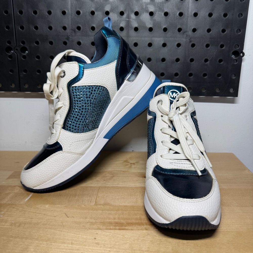 Michael Kors Georgie Trainer Wedge Sneakers White Blue Teal Rhinestone 8.5M
